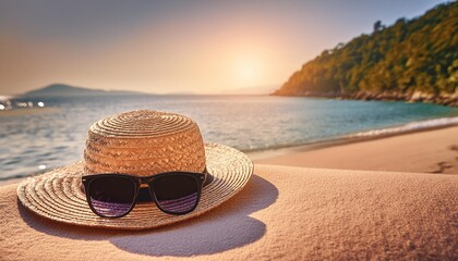 straw hat and sunglasses on beach